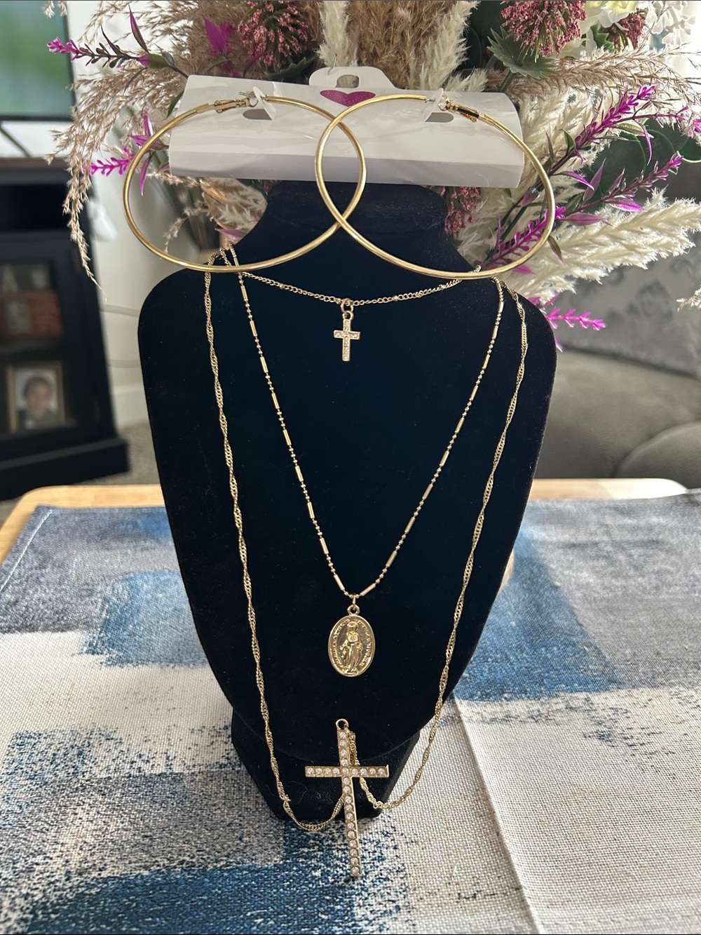 Target Gold-Tone Layered Cross & Medallion Necklace Set with Hoop Earrings